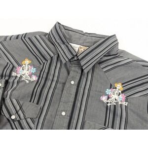 Western Frontier Mens 2XL Grey Striped Skeleton Floral Embroidered‎ Pearl Snap